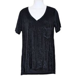 POL Black Velvet Pocket Short Sleeve Ribbed High-Low V-Neck Top Size Small